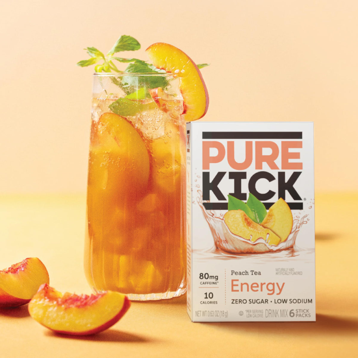 Pure Kick Peach Tea flavor closeup with vibrant peach and tea notes