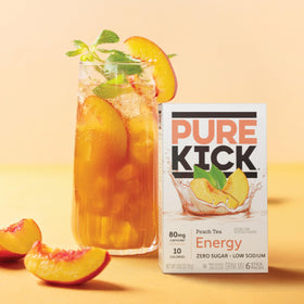 Pure Kick Peach Tea flavor closeup with vibrant peach and tea notes