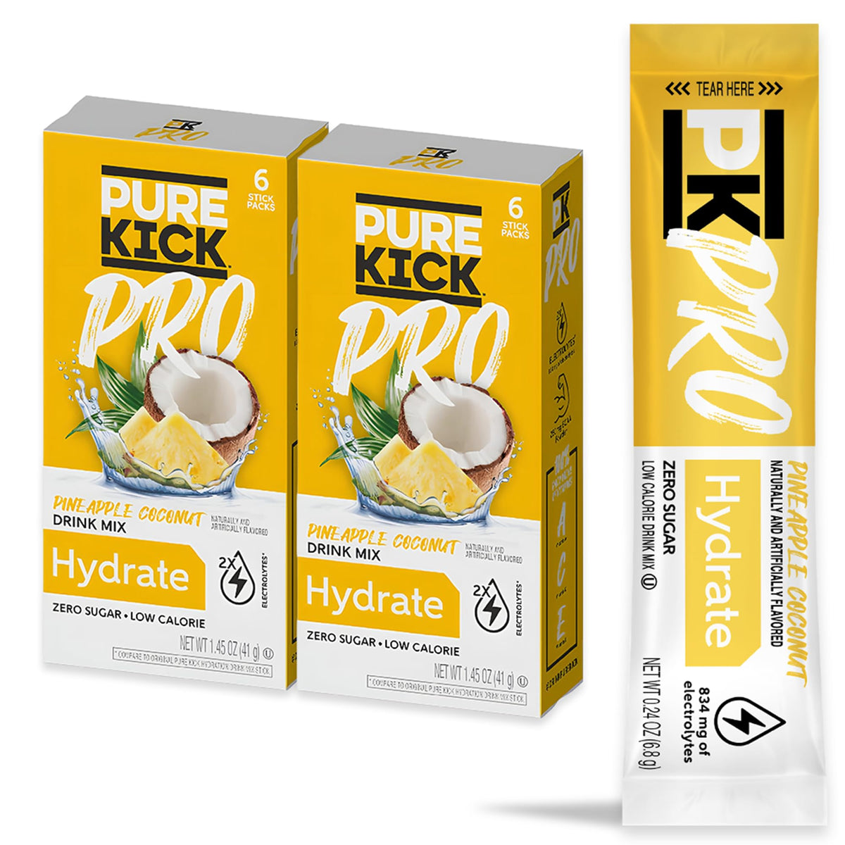 Pure Kick Pro Pineapple Coconut powder being poured into water for on-the-go hydration.