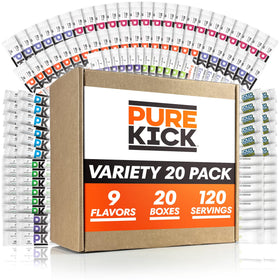 Pure Kick Ultimate Variety Pack box display with 9 flavors for on-demand hydration and energy