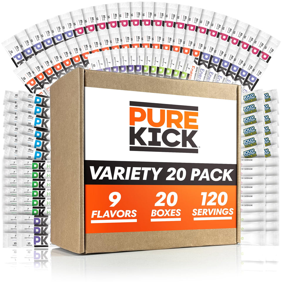 Pure Kick Ultimate Variety Pack box display with 9 flavors for on-demand hydration and energy