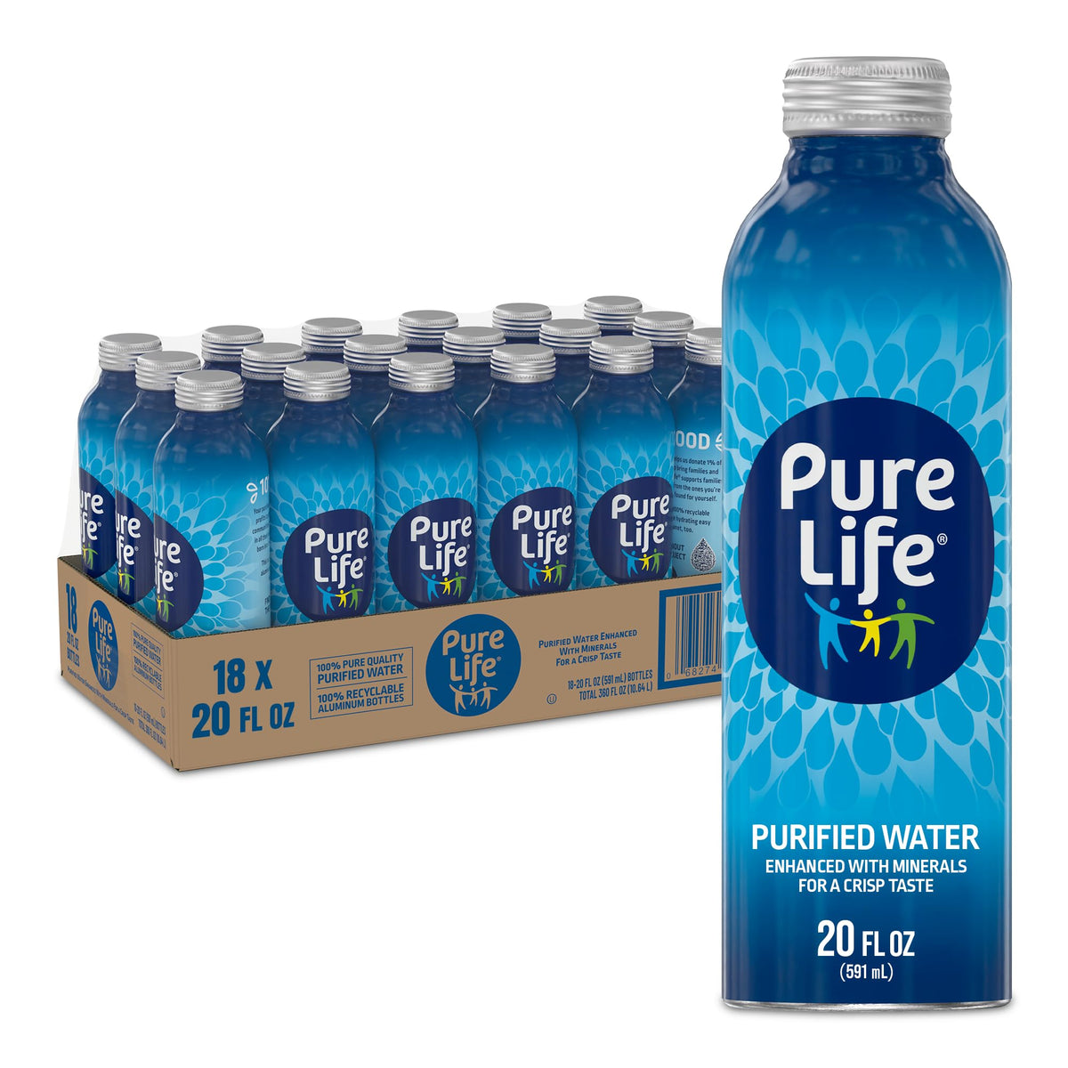 Pure Life purified water 18-pack shows crisp taste for family hydration.