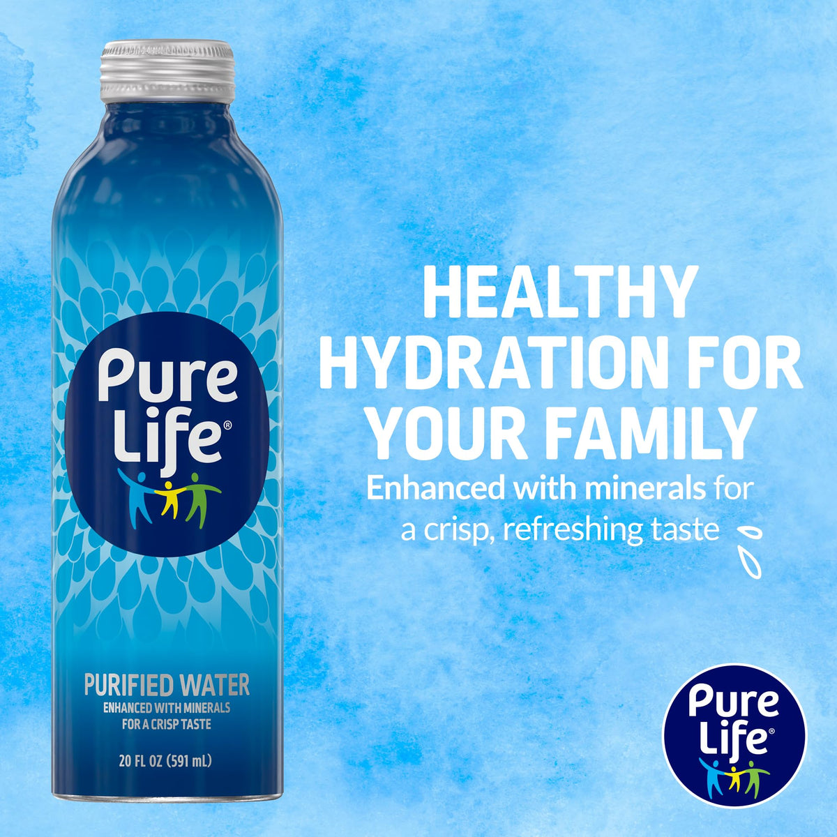 Pure Life 20 oz aluminum bottle close-up highlights durable on-the-go hydration.