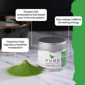 Pure Matcha Co stone-ground matcha powder in vibrant emerald shade for usucha and latte prep