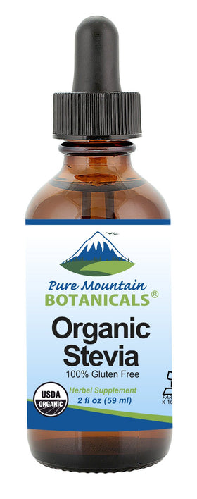 Pure Mountain Botanicals Stevia Drops bottle shown on a kitchen counter for zero-calorie sweetness