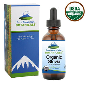 Pure Mountain Botanicals stevia drops measuring scene shows concentrated sweetness without calories