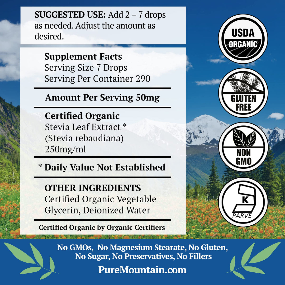 Pure Mountain Botanicals stevia drops pour image demonstrates quick, measured sweetness for beverages