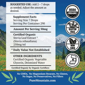 Pure Mountain Botanicals stevia drops pour image demonstrates quick, measured sweetness for beverages