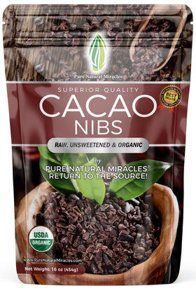 Pure Natural Miracles cacao nibs in a bowl for a crunchy, nutrient-dense snack.