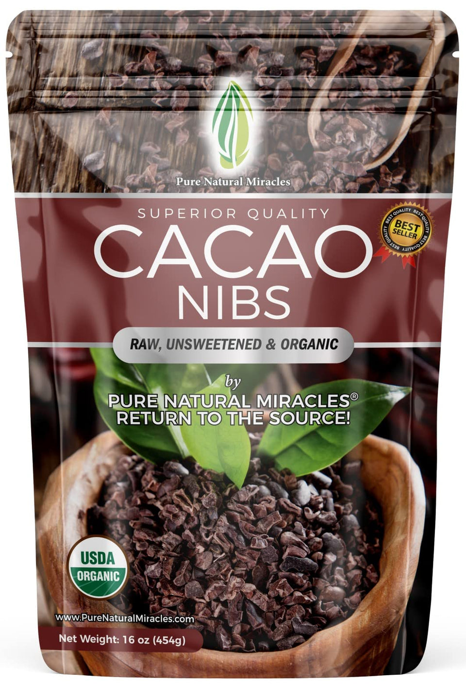 Pure Natural Miracles cacao nibs in a bowl for a crunchy, nutrient-dense snack.
