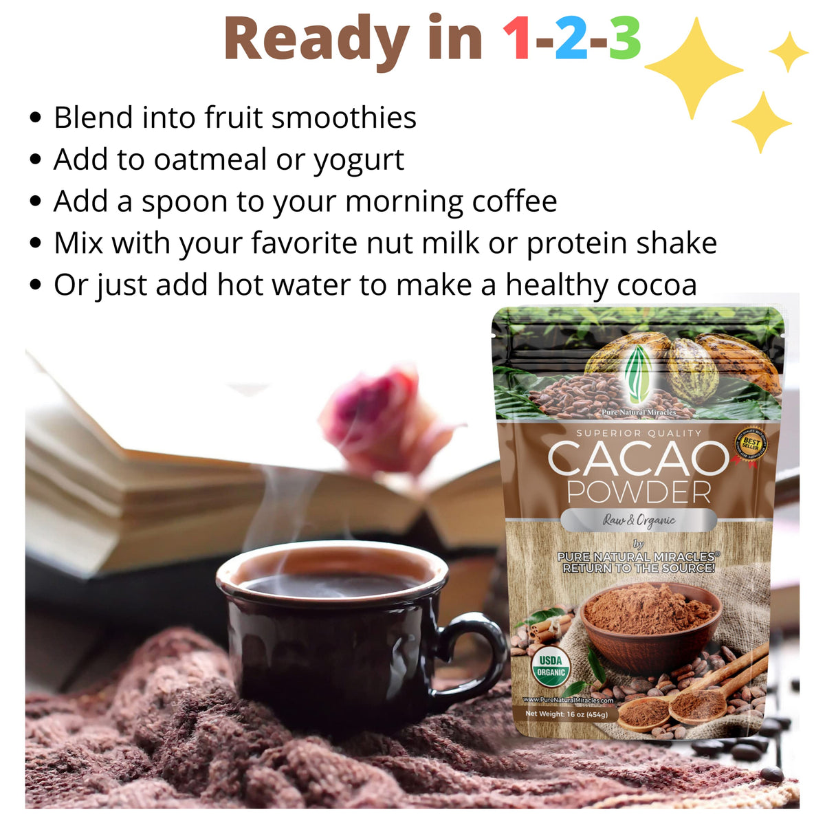 Pure Natural Miracles cacao powder in baking dish ready for healthy treats