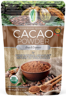 Pure Natural Miracles cacao powder jar showing rich color for premium hot chocolate