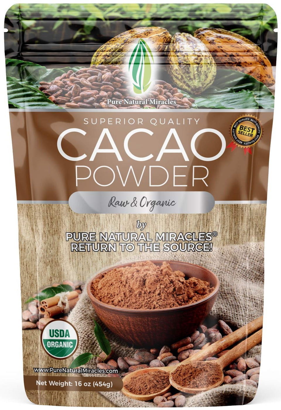 Pure Natural Miracles cacao powder jar showing rich color for premium hot chocolate
