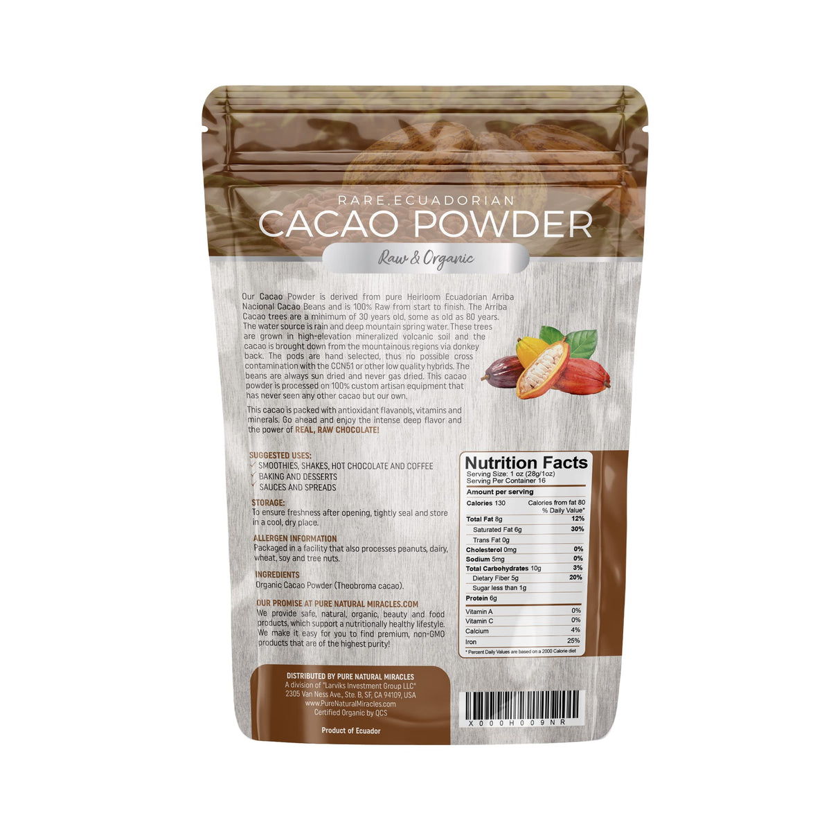 Pure Natural Miracles cacao powder packaging displayed for pantry storage