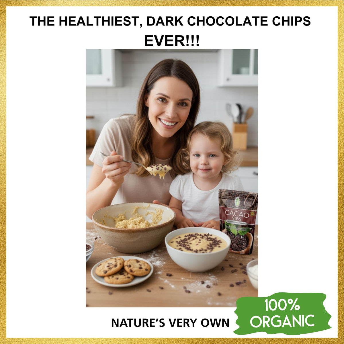 Pure Natural Miracles Criollo cacao nibs bag showcases premium, unrefined chocolate for treats.
