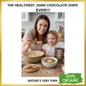 Pure Natural Miracles Criollo cacao nibs bag showcases premium, unrefined chocolate for treats.