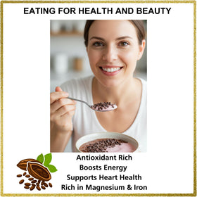 Pure Natural Miracles dark chocolate nibs from Peru add rich flavor for baking.