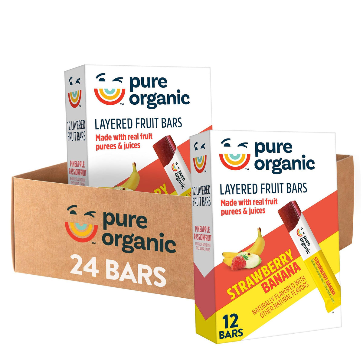 Pure Organic strawberry banana box showing convenient grab-and-go packaging
