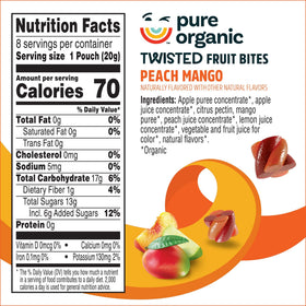 Pure Organic Peach Mango Twisted Fruit Bites close-up, real fruit puree flavor in every bite