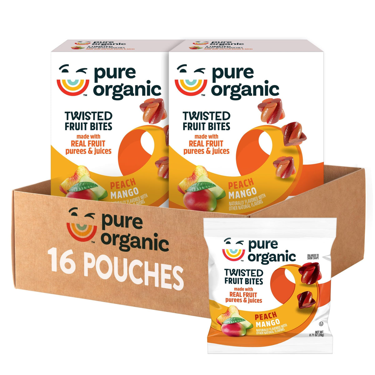 Pure Organic Peach Mango Twisted Fruit Bites pouch, convenient on-the-go snack for kids