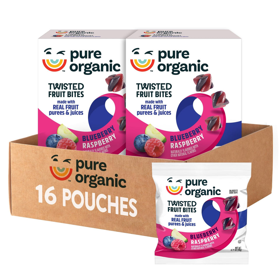Pure Organic Twisted Fruit Bites blueberry-raspberry pouch, a tasty, portable kid snack.