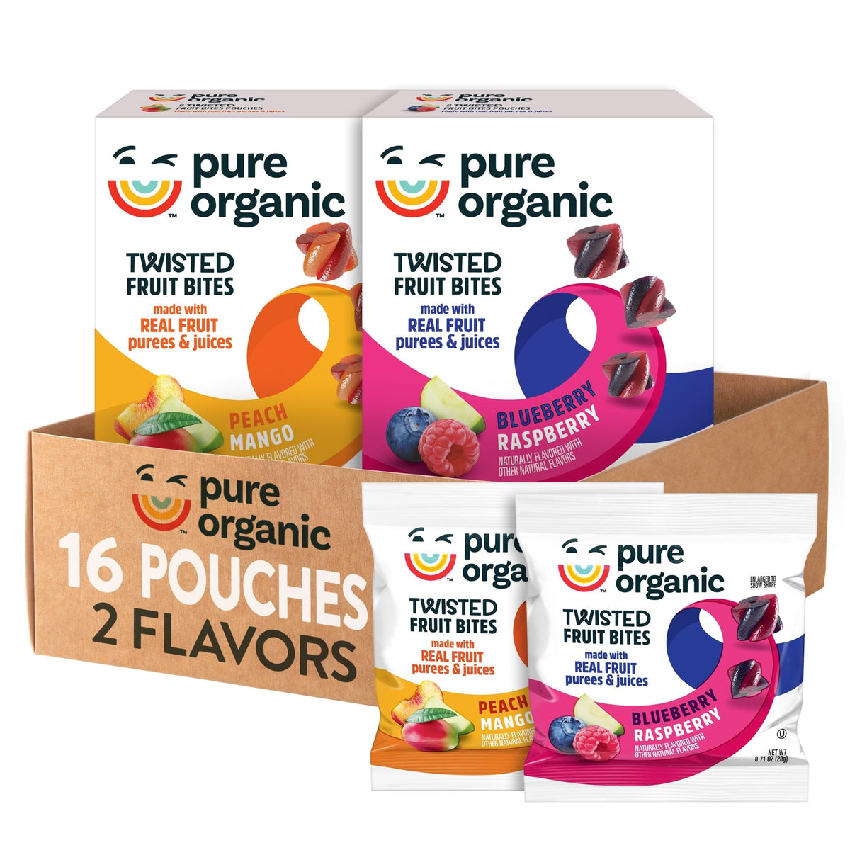 Pure Organic Twisted Fruit Bites blueberry-raspberry pouch for on-the-go snacking.