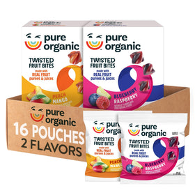 Pure Organic Twisted Fruit Bites blueberry-raspberry pouch for on-the-go snacking.