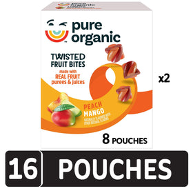 Pure Organic Twisted Fruit Bites kid snack illustration showing colorful, family-friendly enjoyment
