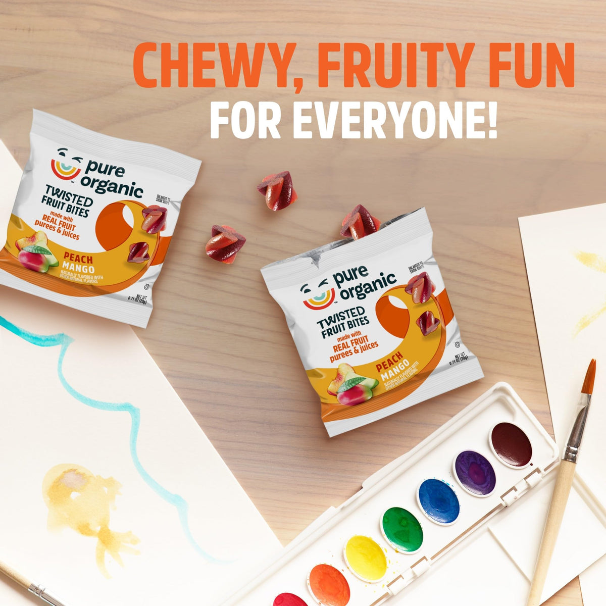 Pure Organic Twisted Fruit Bites pouch open, ready for shared lunch or road trip snack