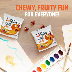 Pure Organic Twisted Fruit Bites pouch open, ready for shared lunch or road trip snack