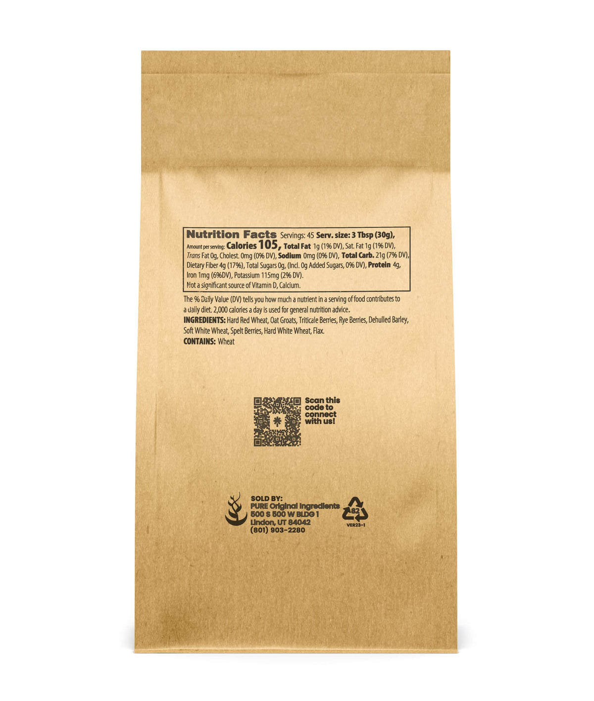 Pure Original Ingredients 9 Grain Flour bag back, highlighting non-GMO and vegan purity