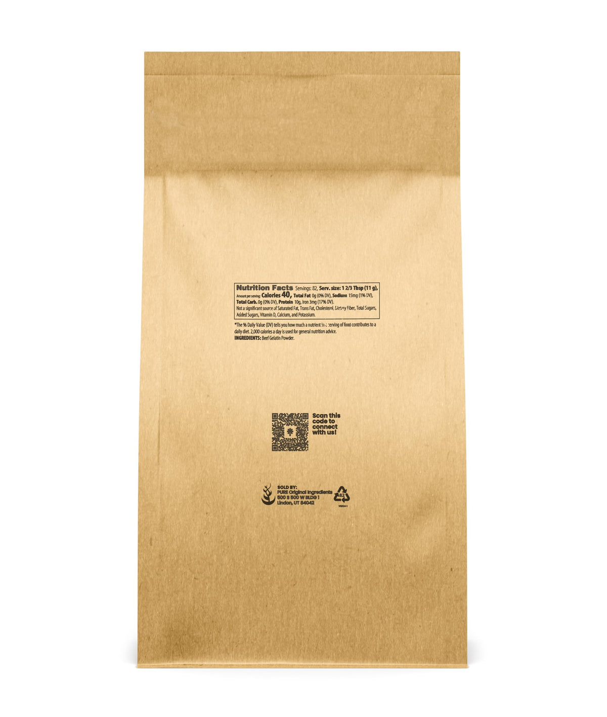 Pure Original Ingredients Beef Gelatin granules pack highlights convenient thickener for soups.