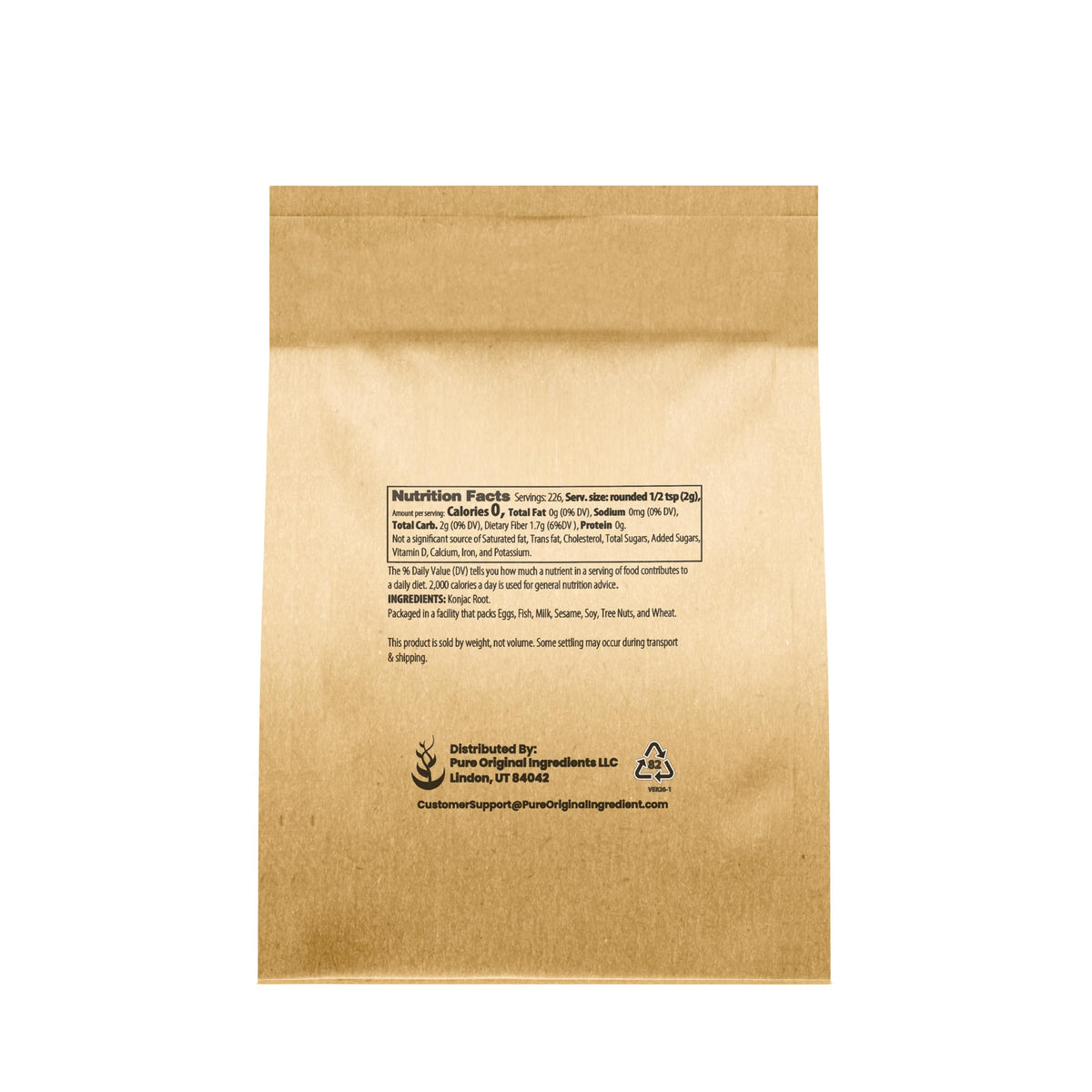 Pure Original Ingredients Konjac Gum packaging highlights gluten-free and non-GMO identity