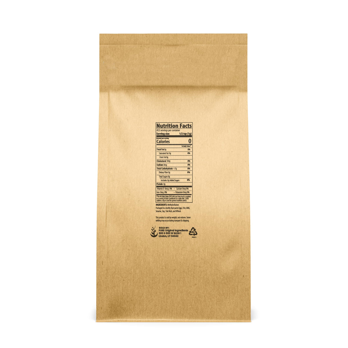 Pure Original Ingredients methylcellulose bag label shows ingredients and usage.