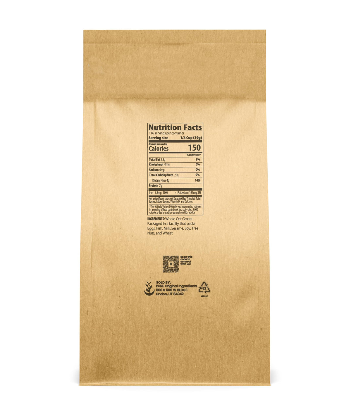 Pure Original Ingredients Oat Groats bulk bag back view, ideal for meal prep