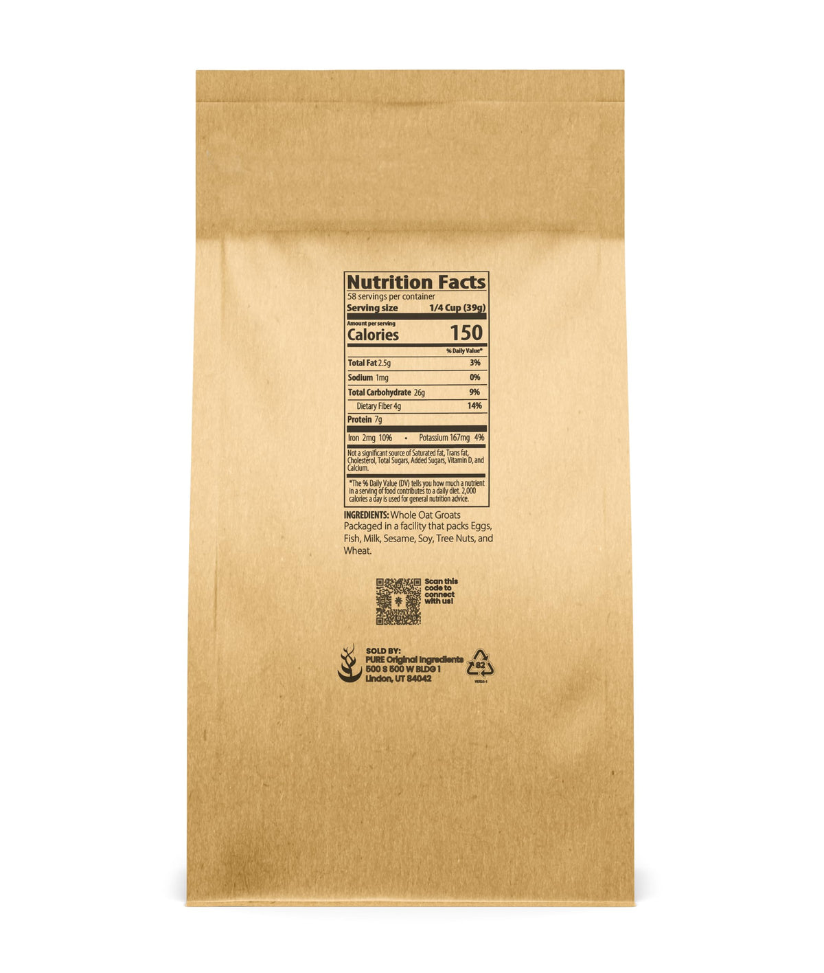 PURE ORIGINAL INGREDIENTS Oat Groats hulless closeup highlighting natural kernels and simple prep.