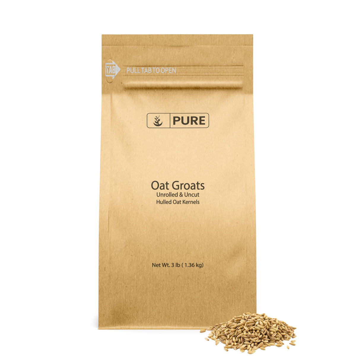 PURE ORIGINAL INGREDIENTS Oat Groats packaging shot highlights pure, additive-free oats.