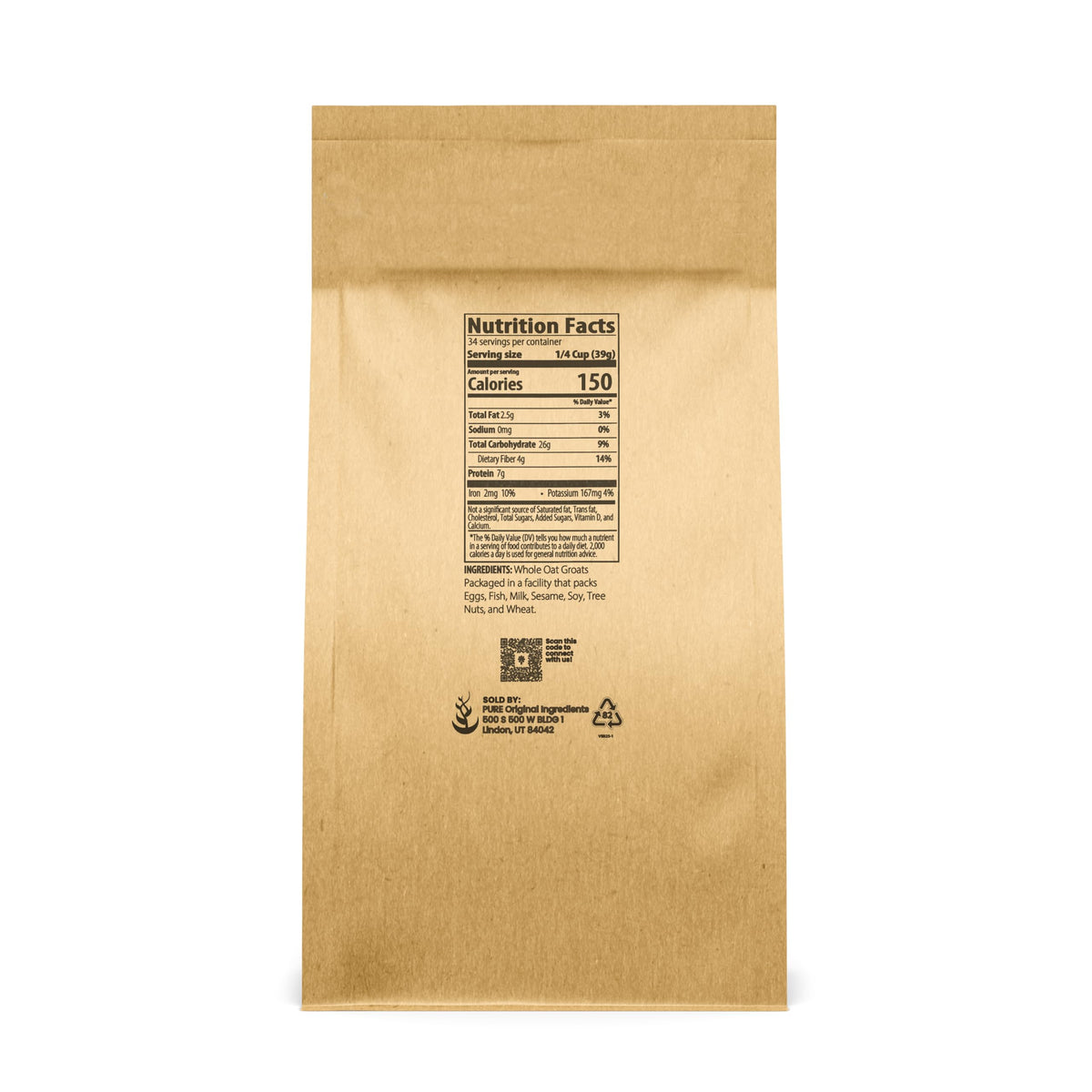 PURE ORIGINAL INGREDIENTS Oat Groats uncut kernel close-up emphasizes nutty flavor.