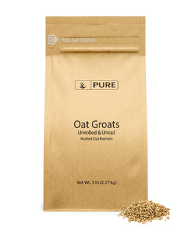PURE ORIGINAL INGREDIENTS Oat Groats in bag front, unrolled and uncut for hearty texture.