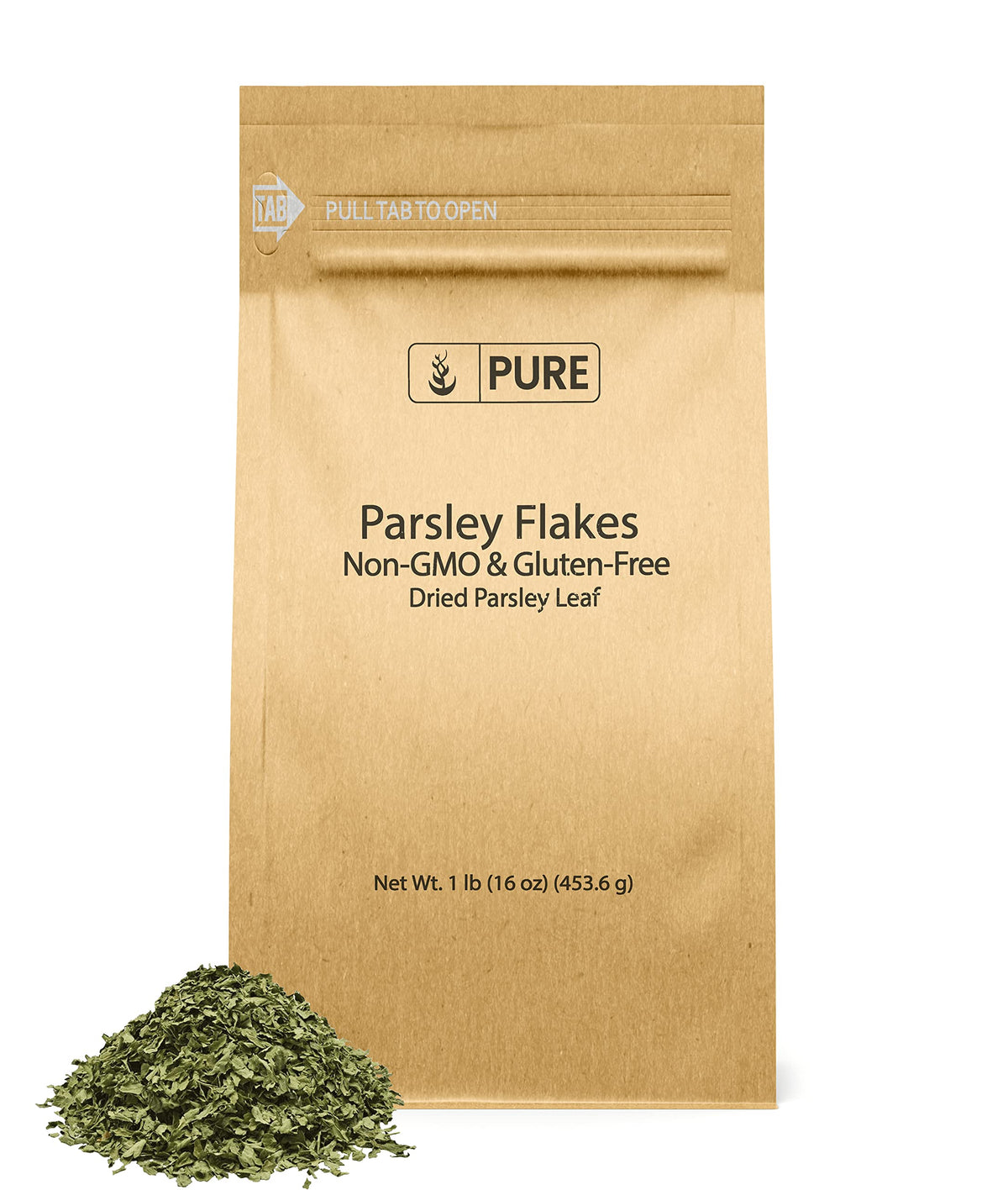Pure Original Ingredients Parsley Flakes in a resealable bag for fresh garnish and flavor enhancement.