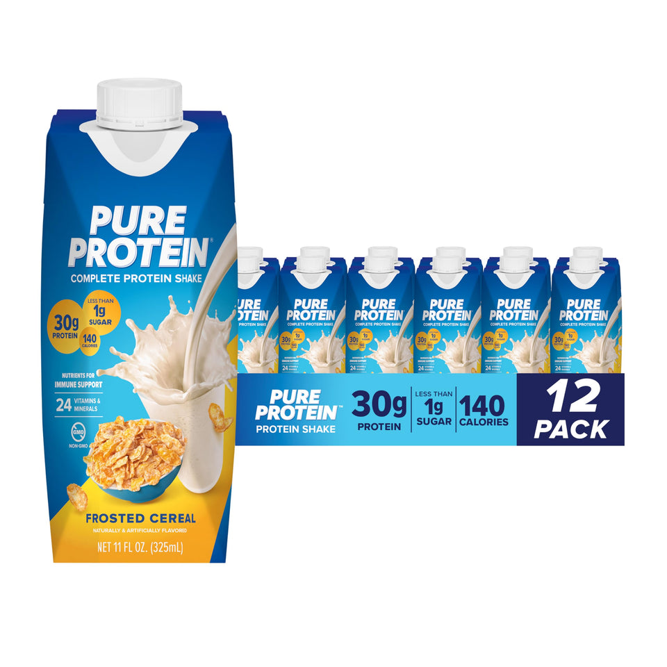 Pure Protein Frosted Cereal bottle delivers 30g protein for busy days.