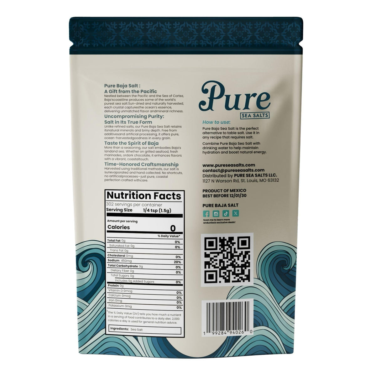 Pure Sea Salts Baja Salt hand-harvested from Baja waters.