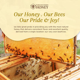Pure Southern Honey family farm scene suggests small-batch processing