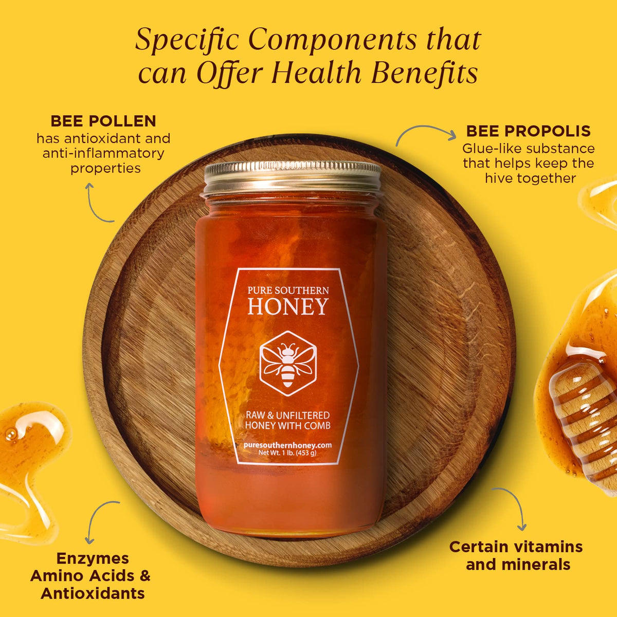 Pure Southern Honey floral-sourced honey in glass jar highlighting Georgia pollens