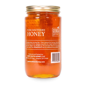 Pure Southern Honey honeycomb in jar shows authentic texture and flavor