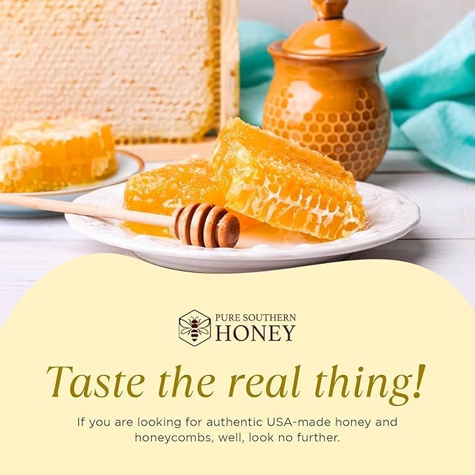 Pure Southern Honey honeycomb pour captures smooth drizzle for topping and pairing.
