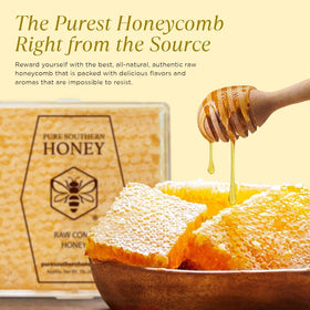 Pure Southern Honey honeycomb pouring reveals natural sweetness for beverages.