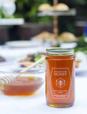 Pure Southern Honey on kitchen counter in glass jar ready as a natural sweetener