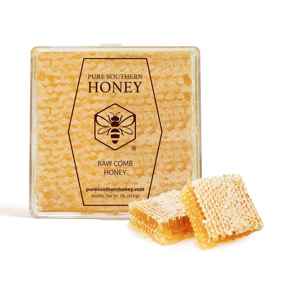 Pure Southern Honey raw honeycomb close-up highlighting rich texture, great for toast.