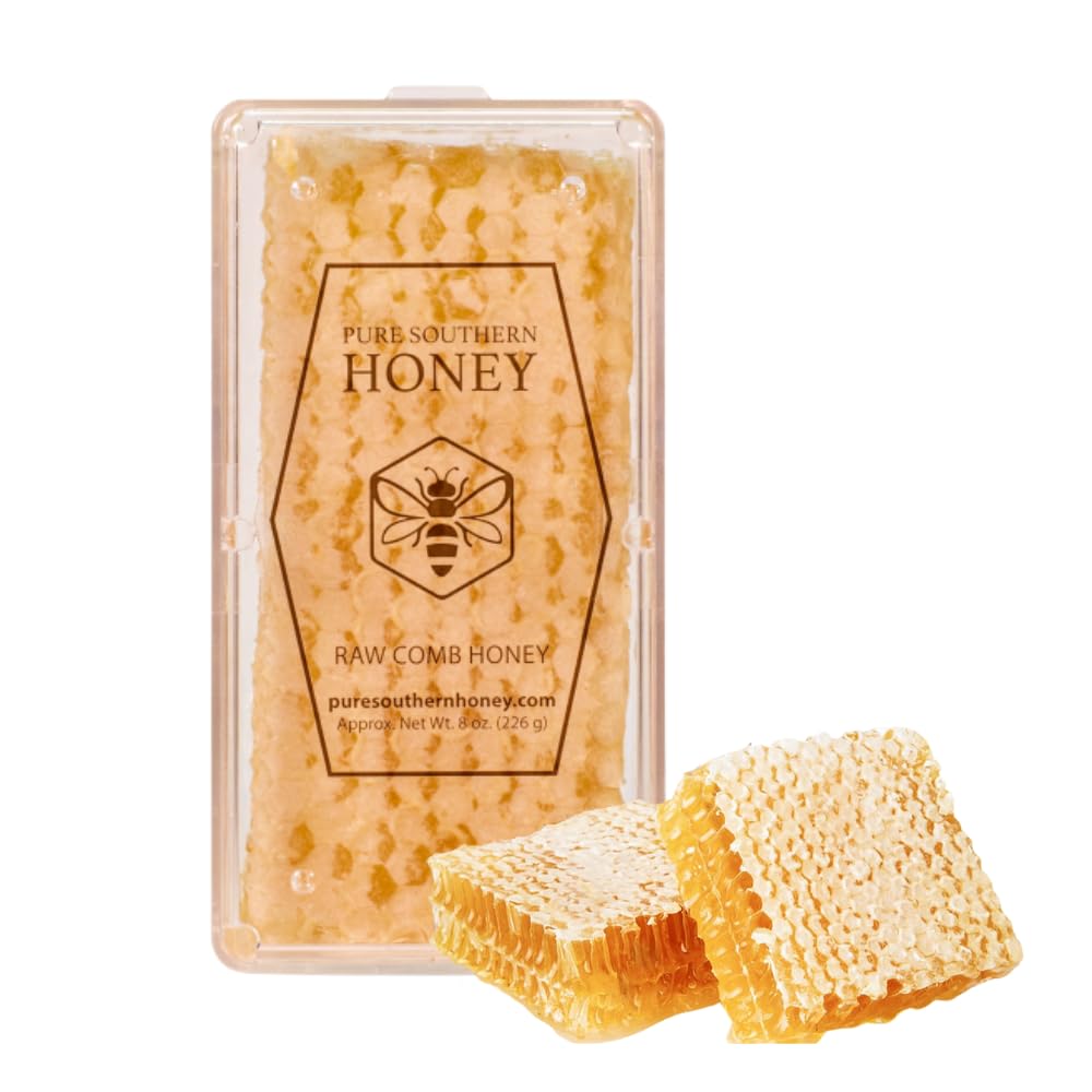 Pure Southern Honey raw honeycomb jar shows authentic flavor from unheated honey.